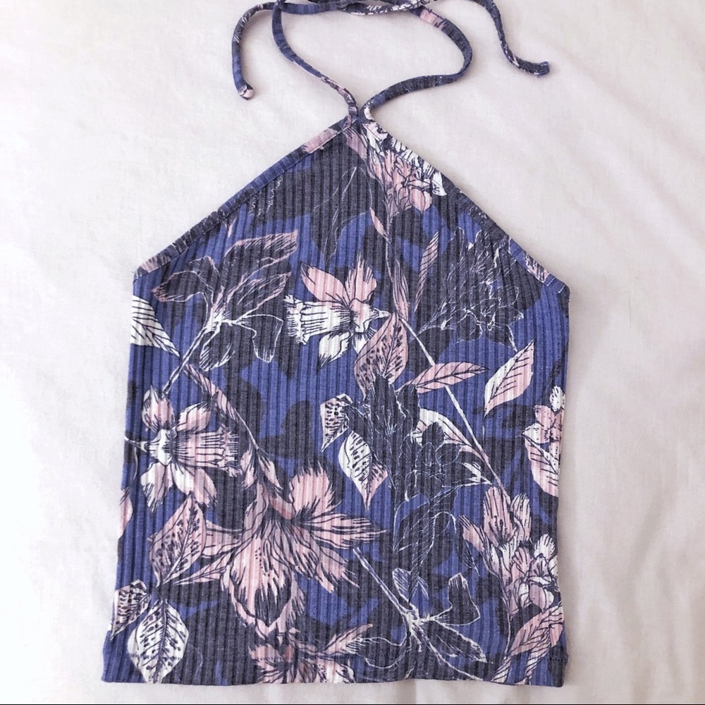 Tropical Flower Ribbed Tight Halter Top